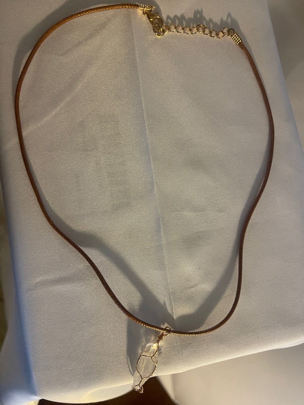 Brown Leather Choker Necklace with Gold-Tone Crystal Pendant